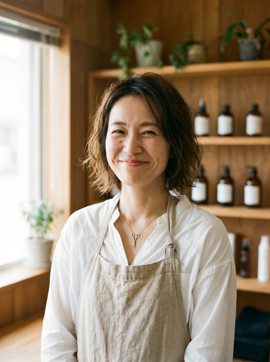オーナー西村はるか — ベージュのリネンエプロン、白いシャツ、ナチュラルカーリーボブ