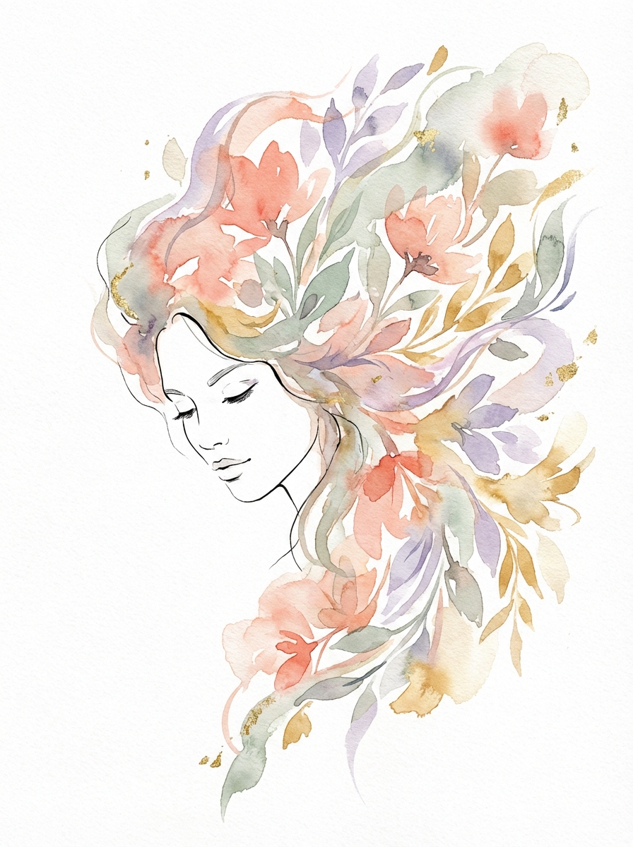 水彩イラスト — 花と葉が髪に溶け込む女性