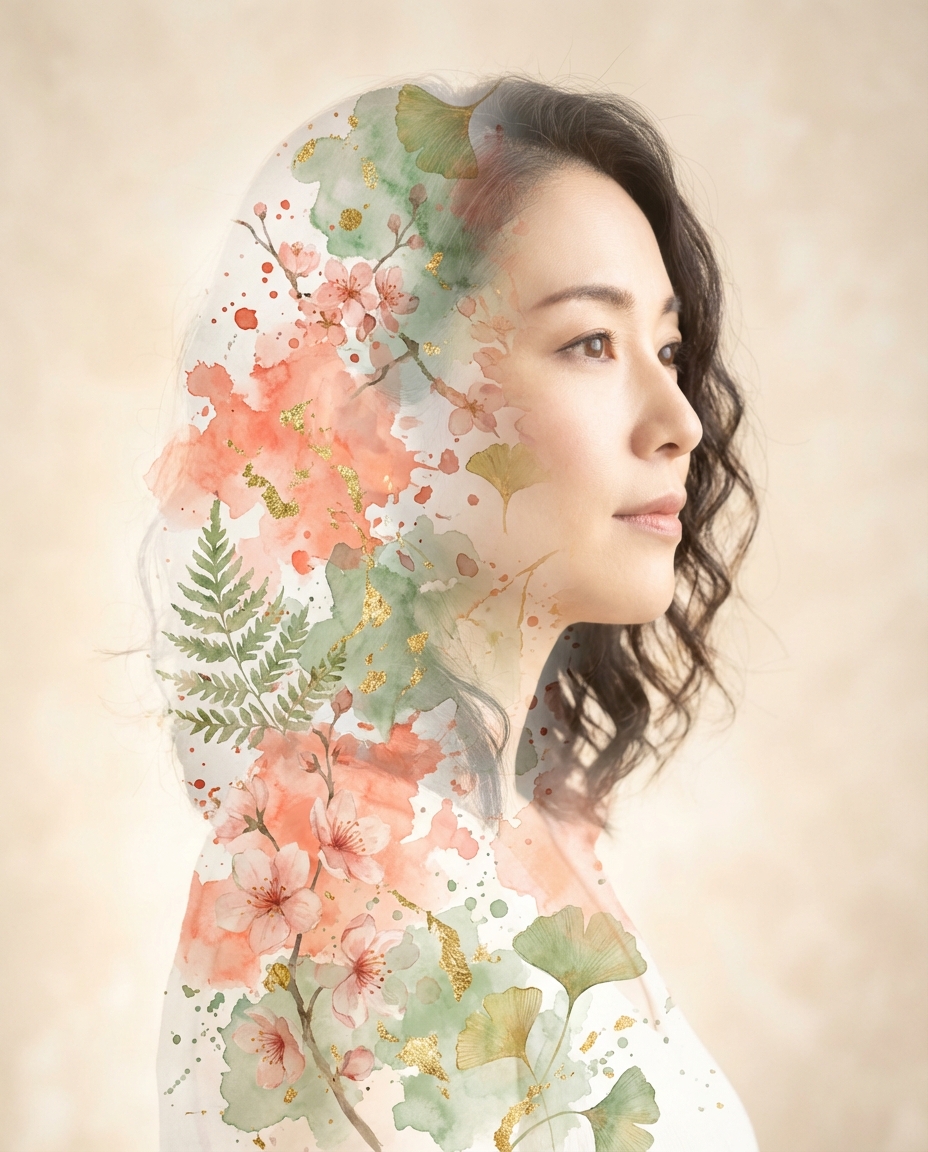 スタイリスト — ダブルエクスポージャー、水彩の花と融合